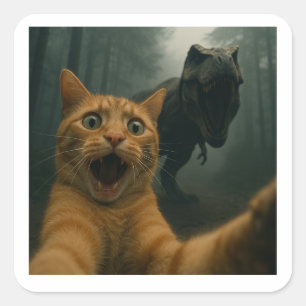 Kattenzelfie met T-Rex Dinosaur Komedie Dier Vierkante Sticker