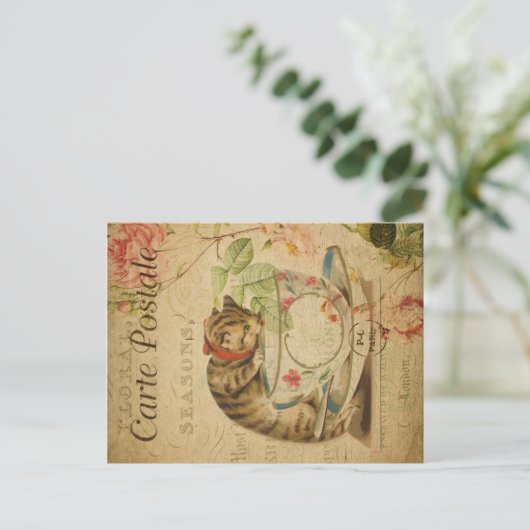 kattethema | Carte Postale | Kat en thee Briefkaart (Staand voorkant)