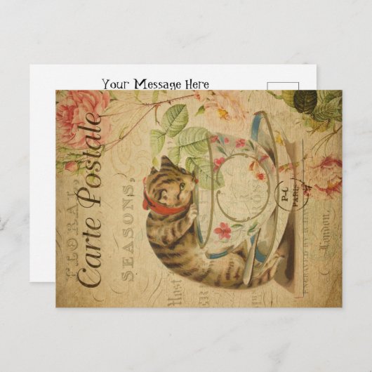 kattethema | Carte Postale | Kat en thee Briefkaart (Voorkant / Achterkant)