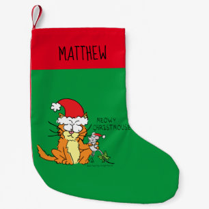Kattieke grappige kerstcartoon met knuffelmuis kleine kerstsok