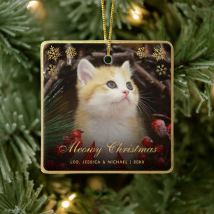 Kattig Kerstfeest Mooie Kat Huisdier Foto Nep Goud Keramisch Ornament