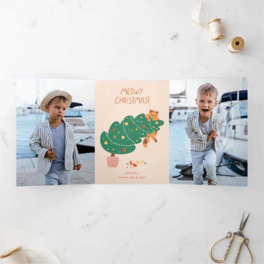 Kattig kerstfeest - Ondeugende katachtige pret Drieluik Wenskaart (Binnen)