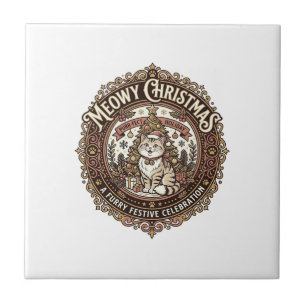 Kattige kerst Kat Kerst Vintage Vector Kunst S Tegeltje