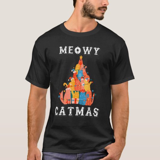 Kattige Kerstkat Kerstbomen T-shirt (Voorkant)