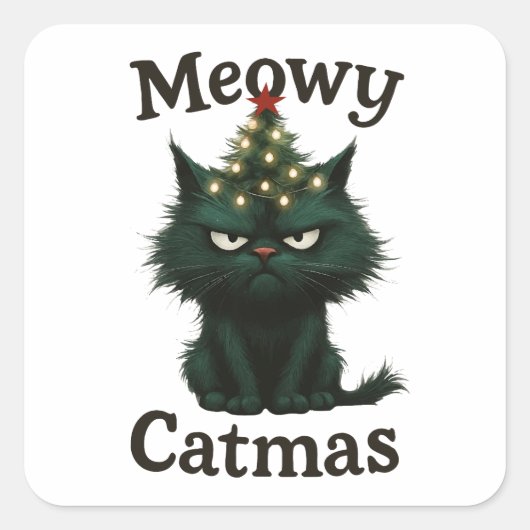 Kattige Kerstmis Chagrijnige kat Vierkante Sticker (Voorkant)
