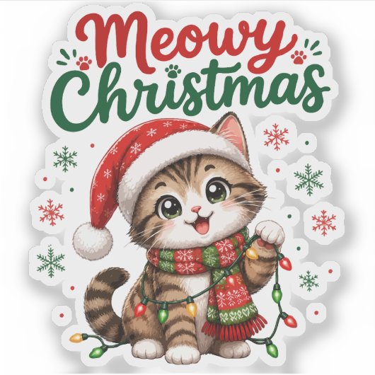 Kattige Kerstmis Schattige Kat Vakantie Sticker (Voorkant)