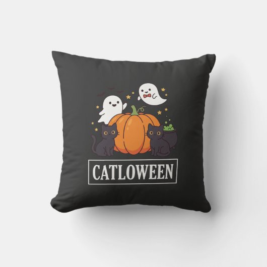 Kattoween Grappig Halloween Kat Geest Pompoen Ontw Kussen (Voorkant)