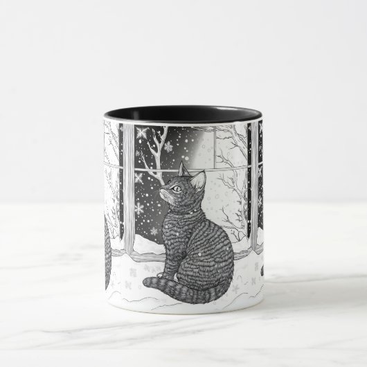 Kätzchen am Fenster Schneeflocken Sternenhimmel Mok (Midden)