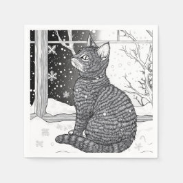 Kätzchen am Fenster Schneeflocken Sternenhimmel Servet