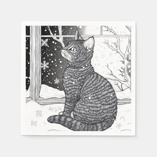 Kätzchen am Fenster Schneeflocken Sternenhimmel Servet (Voorkant)
