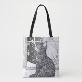 Katze am Fenster mit Sternenhimmel Tote Bag