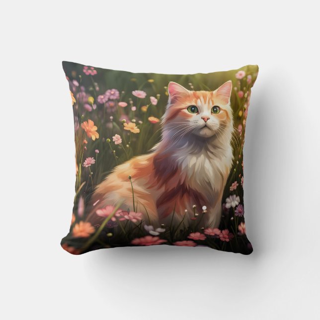 Katze in Blumenwiese Kussen (Voorkant)