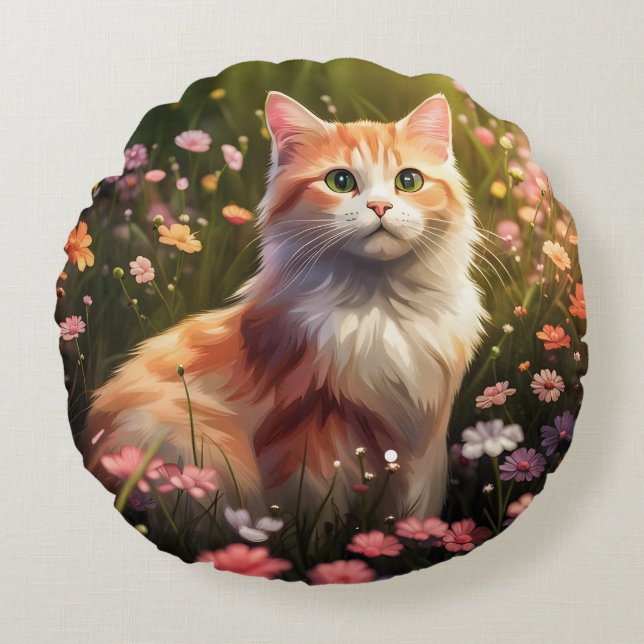 Katze in Blumenwiese Rond Kussen (Voorkant)