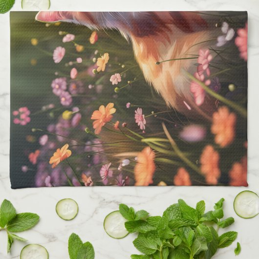 Katze in Blumenwiese Theedoek (Gevouwen)