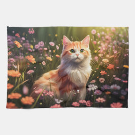 Katze in Blumenwiese Theedoek