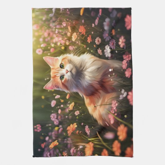 Katze in Blumenwiese Theedoek (Verticaal)