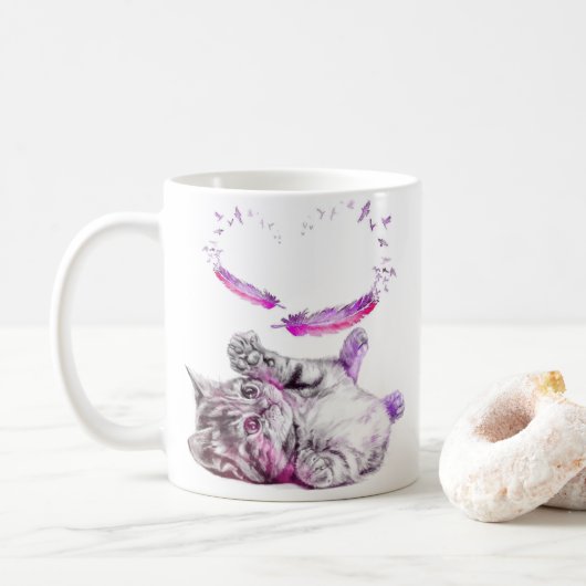 Katze Tasse Herz Feder Koffiemok (Met donut)