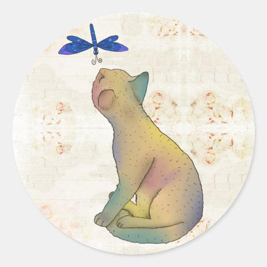 Katze und blaue Libelle Ronde Sticker (Voorkant)