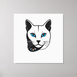 Katzen Kopf in Schwarz-Weiß Blaue Augen + Text Canvas Afdruk