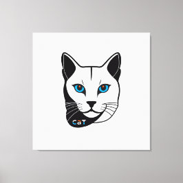 Katzen Kopf in Schwarz-Weiß Blaue Augen + Text Canvas Afdruk