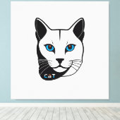 Katzen Kopf in Schwarz-Weiß Blaue Augen + Text Canvas Afdruk (Insitu (Houten vloer))
