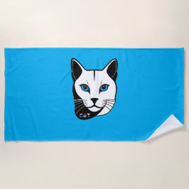 Katzen Kopf in Schwarz-Weiß Blaue Augen + Text Strandlaken