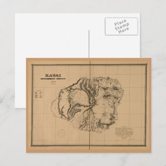 Kauai, 1878,  Hawaii Map Briefkaart (Voorkant / Achterkant)
