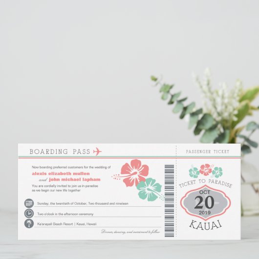 Kauai Hawaii Hibiscus Boarding Pass Wedding Kaart (Staand voorkant)