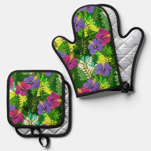 Kauai Oerwoud Hawaiian Hibiscus en Palms Brights Ovenwant & Pannenlap Set (Voorkant / Achterkant)