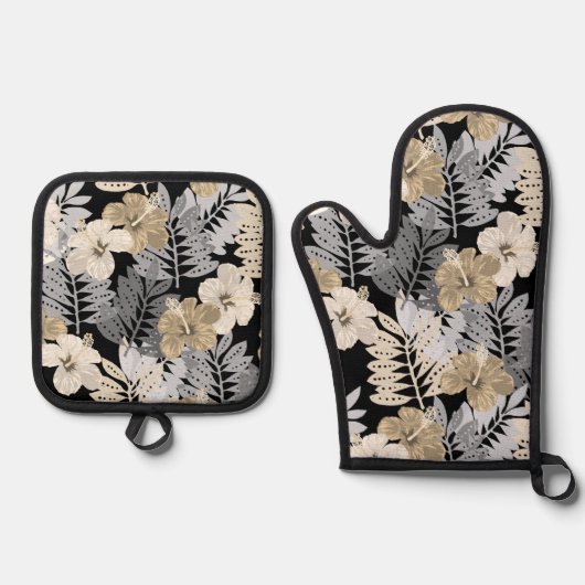 Kauai Oerwoud Hawaiian Hibiscus en Palms Neutral Ovenwant & Pannenlap Set (Voorkant)