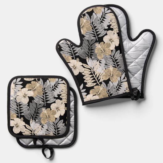 Kauai Oerwoud Hawaiian Hibiscus en Palms Neutral Ovenwant & Pannenlap Set (Voorkant / Achterkant)