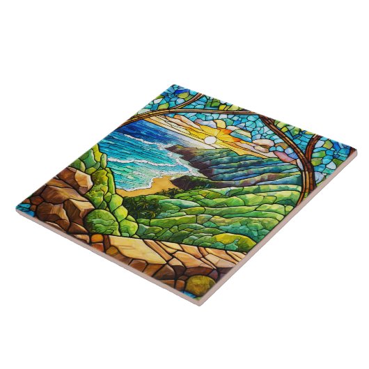 Kauai- uitzicht van hankapiai Glas in lood kunst Tegeltje (Zijkant)