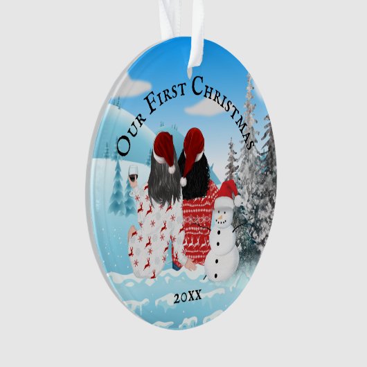 Kaukasisch lesbische paar sneeuwman DIY foto Ormen Ornament (voorkant)