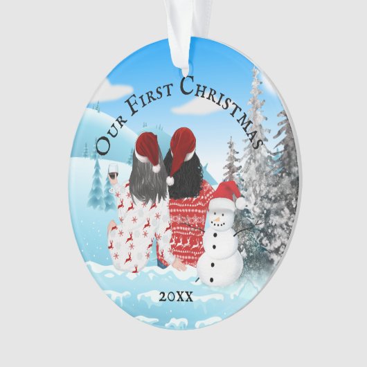 Kaukasisch lesbische paar sneeuwman DIY foto Ormen Ornament (voorkant)