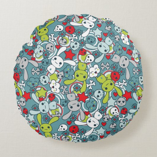 kawaï blauw patroon rond kussen (Voorkant)