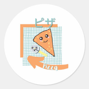 kawaï - schattige pizza , oranje , turquoise ronde sticker