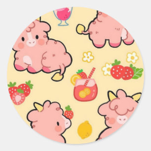 Kawaii aardbei limonade koe ronde sticker