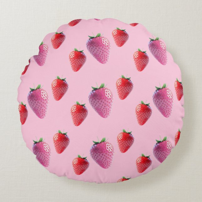 Kawaii Aardbeienbes Zoet Roze en Rood Fruit Rond Kussen (Voorkant)
