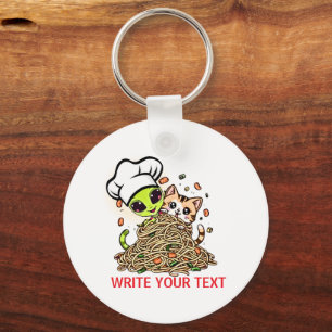 Kawaii Alien Chef Kat Spaghetti Kunst Sleutelhanger