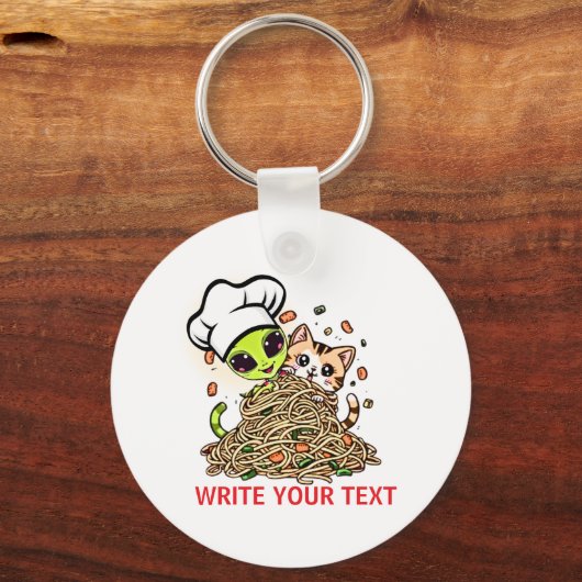 Kawaii Alien Chef Kat Spaghetti Kunst Sleutelhanger (Voorkant)