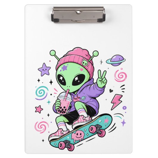 Kawaii Alien Skater Bubble Tea Ontwerp Klembord (Voorkant)