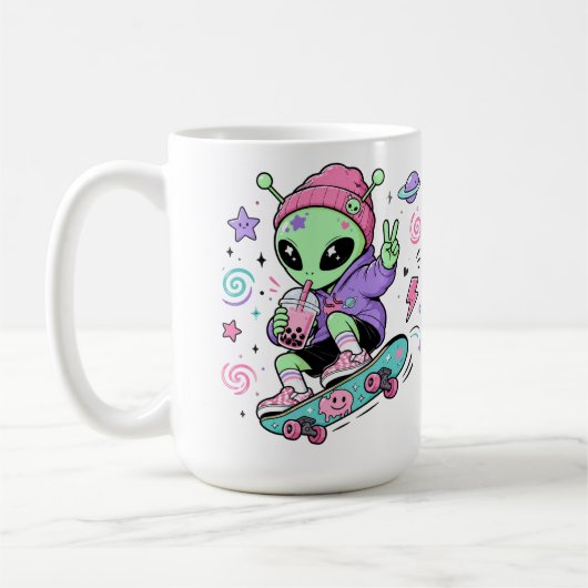 Kawaii Alien Skater Bubble Tea Ontwerp Koffiemok (Links)