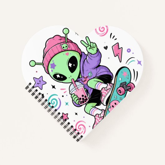 Kawaii Alien Skater Bubble Tea Ontwerp Notitieboek (Voorkant)