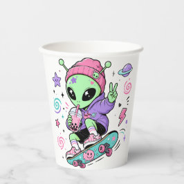 Kawaii Alien Skater Bubble Tea Ontwerp Papieren Bekers