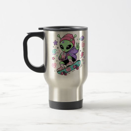 Kawaii Alien Skater Bubble Tea Ontwerp Reisbeker (Links)