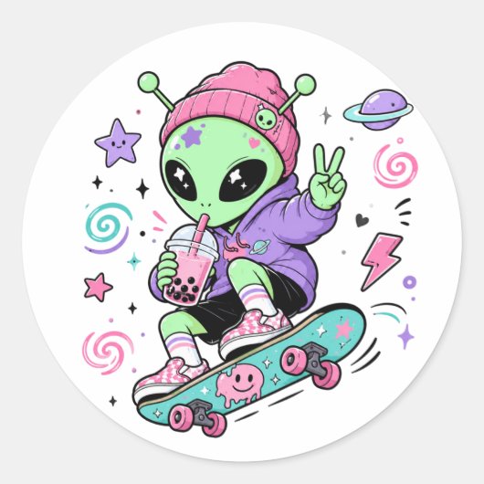 Kawaii Alien Skater Bubble Tea Ontwerp Ronde Sticker (Voorkant)