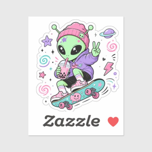Kawaii Alien Skater Bubble Tea Ontwerp Sticker (Vel)