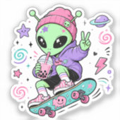 Kawaii Alien Skater Bubble Tea Ontwerp Sticker (Voorkant)