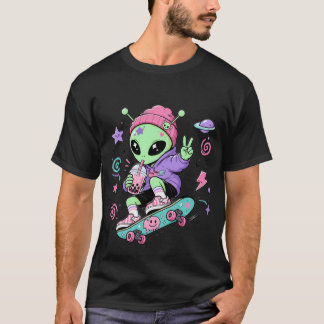 Kawaii Alien Skater Bubble Tea Ontwerp T-shirt