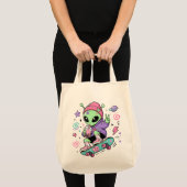 Kawaii Alien Skater Bubble Tea Ontwerp Tote Bag (Voorkant (product))